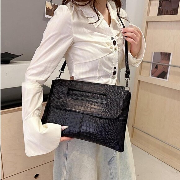 Women Classic Crocodile Pattern Faux Leather Clutch Purse Oversized Female Shoul - Picture 9 of 9